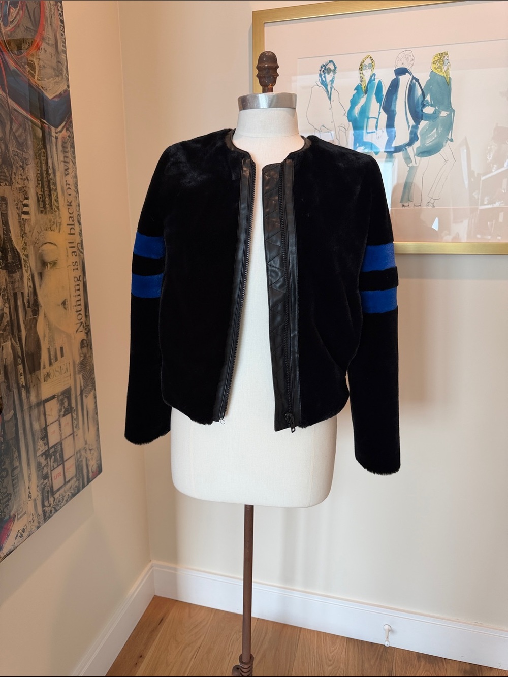 Bailey 44 Black Faux Fur Bomber Jacket with Blue Sleeve Stripes